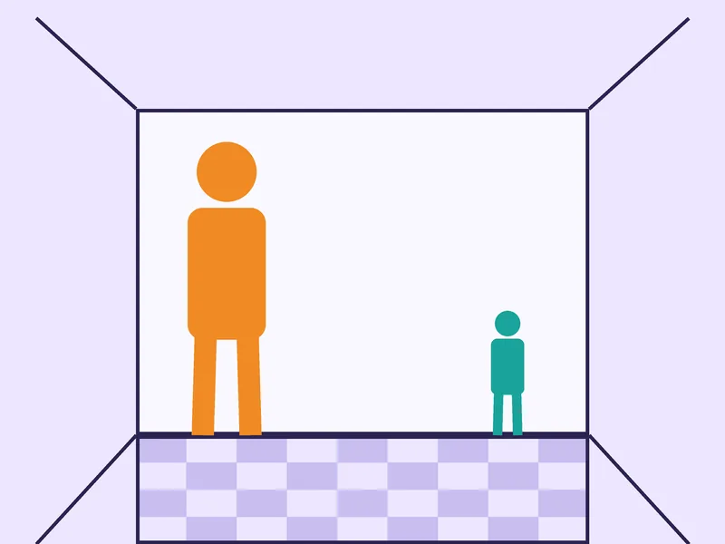 Drawing of a room seen through a peephole, with a giant person on the left and a tiny one on the right