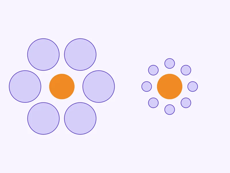 Two equal orange circles, one ringed by big circles and one ringed by small circles