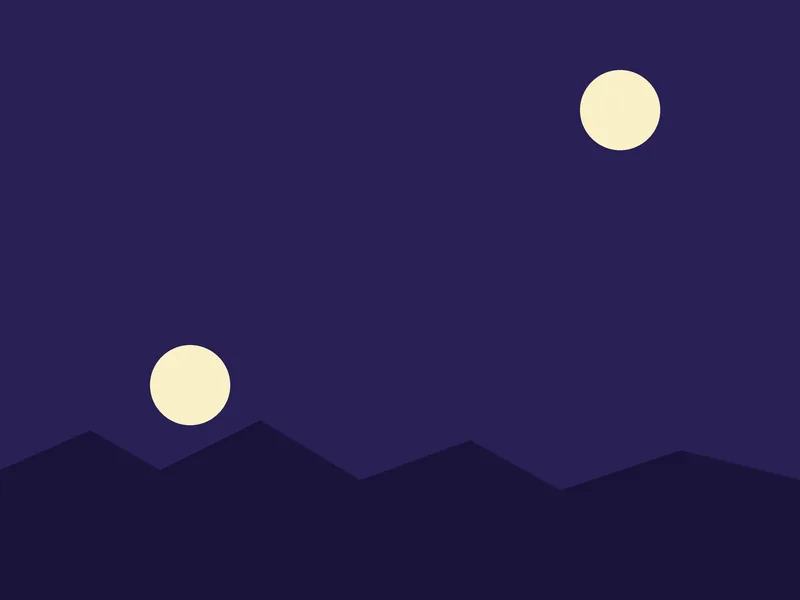 A drawing of two equal moons, one low over hills and one high in an empty sky