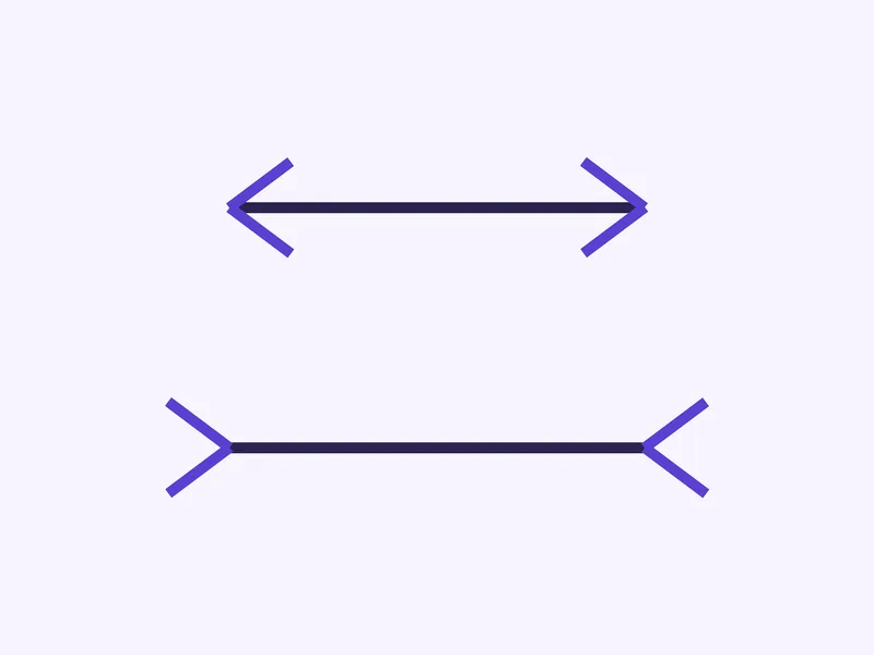 Two horizontal lines of equal length, one with arrow fins pointing in and one with fins pointing out